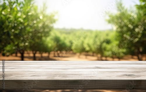 Wooden table for product display with blurred plantation or garden background and empty space for product advertisement generative ai