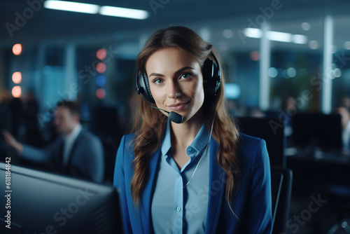 Portrait of female call center manager wearing headset sitting at her workplace at office.