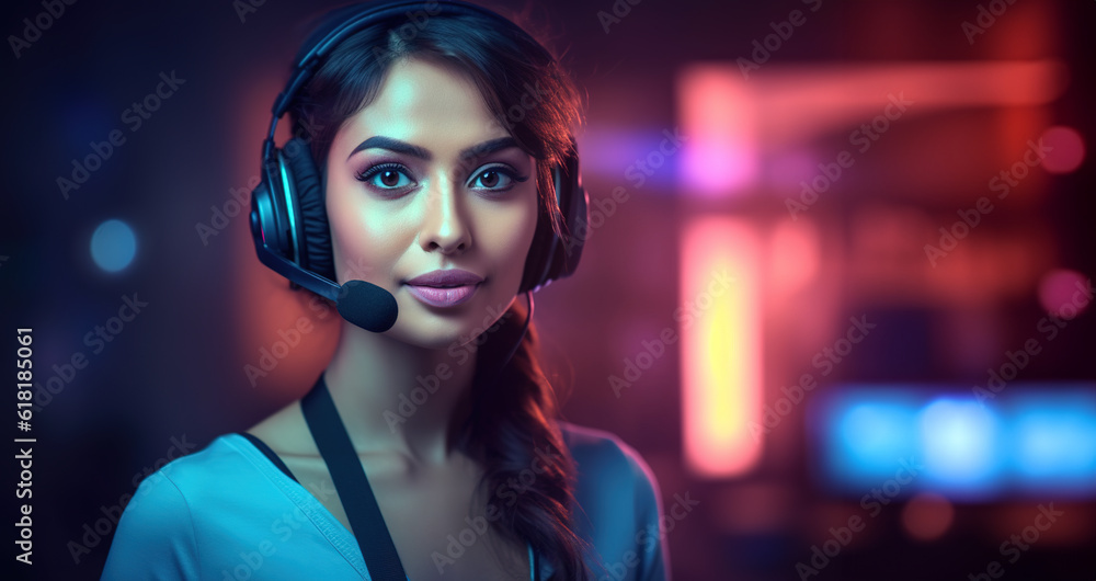 Portrait of friendly young woman with headset microphone on head looking at camera with copy space empty blurred red place for advertisement. Portrait of friendly young woman with headset microphone on head looking at camera with copy space empty blurred red place for advertisement.
