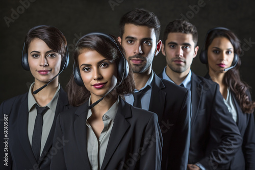 Group of multi-ethnic business people, customer support operators or agents, with headset standing against dark wall background.