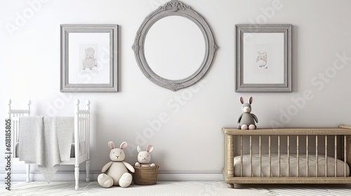 Mock up frame in unisex children room interior background shabby chic  3D render