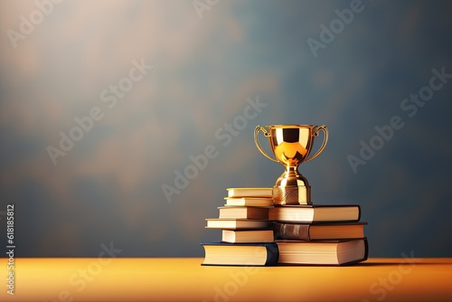 Stack of books with golden cup trophy. Academic and school knowledge, business education and graduation. copy space. Generative, AI photo