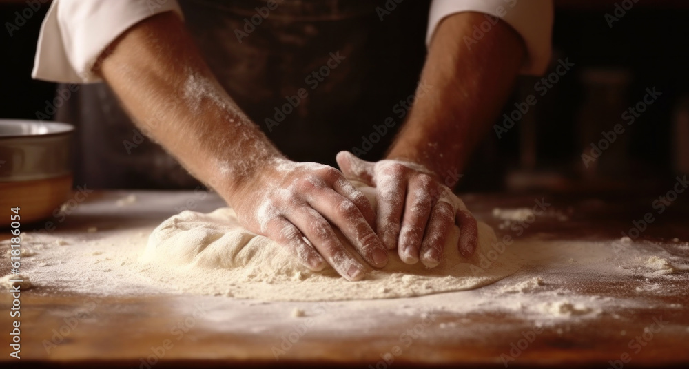 Male hands kneading dough on sprinkled table.