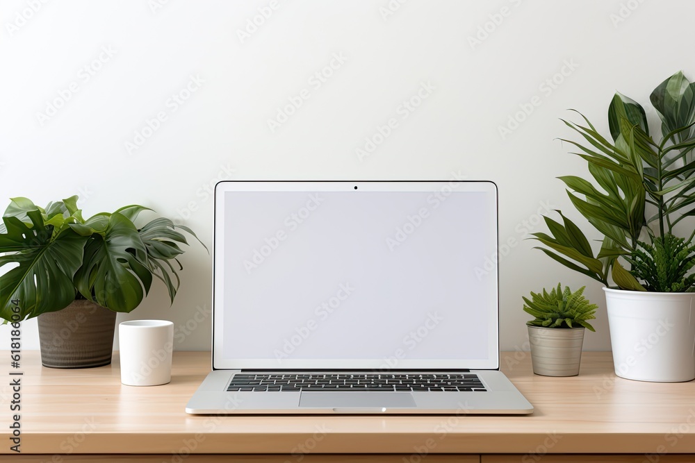 Sleek laptop on a minimalist workspace with stylish office accessories, generative ai Sleek laptop on a minimalist workspace with stylish office accessories, generative ai
