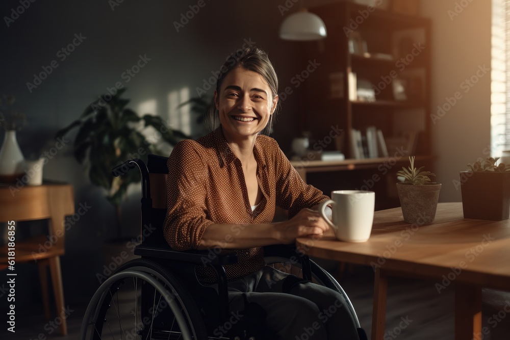 Fototapeta premium Happy woman in wheelchair at home. AI generative