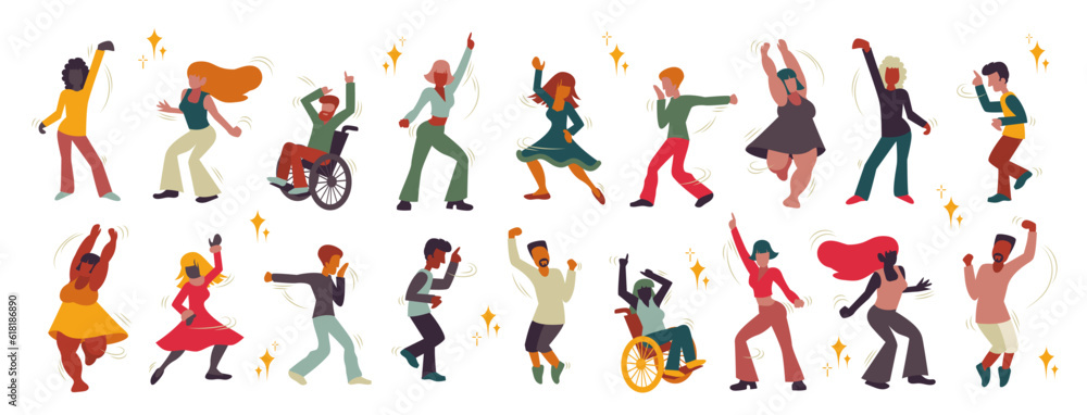 Moving people, dancing silhouettes. Men and women bodies having fun. Vector illustrations isolated on a white background.