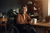Happy woman in wheelchair at home. AI generative