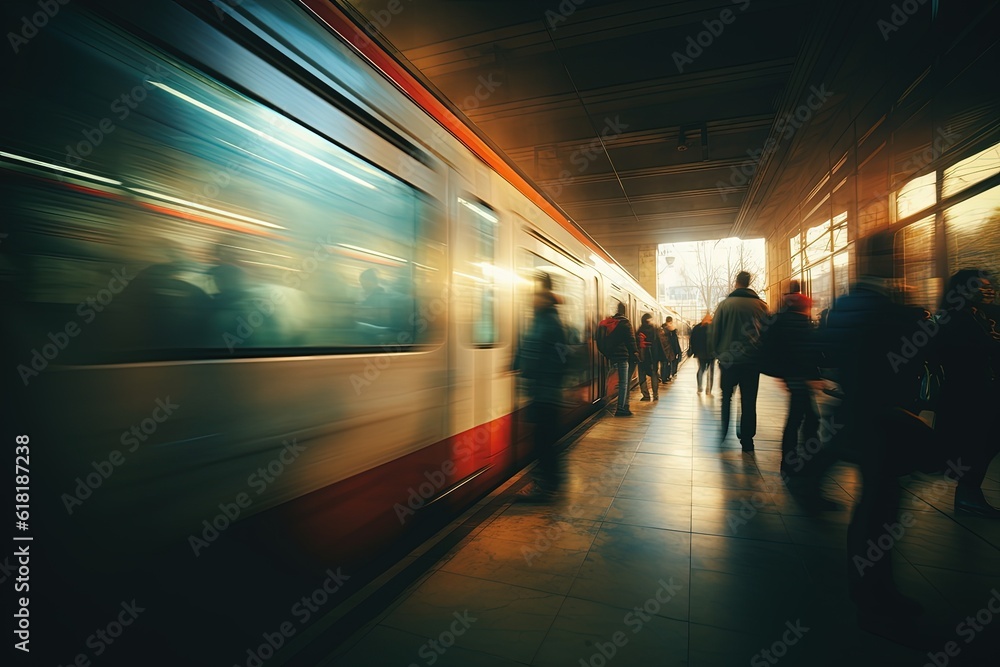 A train station subway with blurred motion and walking people, generative ai