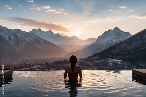 back view female enjoy relax in infinity edge luxury outdoor swimming pool looking on fog snow mountains in warm sunset light. Alpine welness travel vacation, generative AI