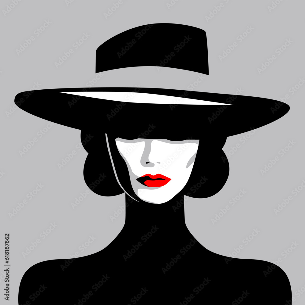Retro portrait of young beautiful woman with hat and red lipstick, fashion model, vector illustration Retro portrait of young beautiful woman with hat and red lipstick, fashion model, vector illustration