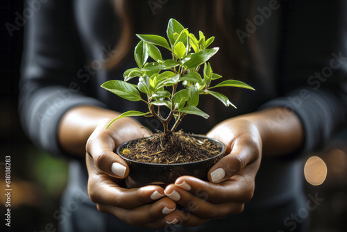 Crop person with plant in hands. Created with AI.