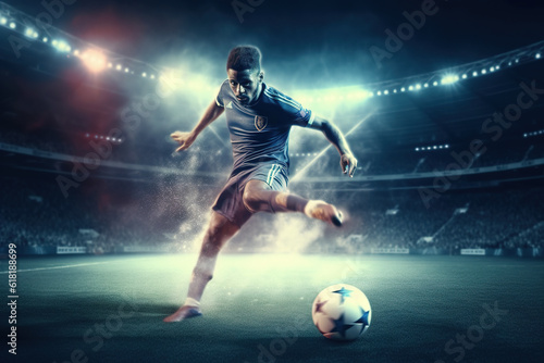 Professional football or soccer player in action on stadium with flashlights, kicking ball for winning goal. Concept of sport, competition, motion, overcoming. © FutureStock