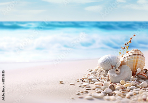 夏のリゾート地の青い海と白い砂浜と貝殻