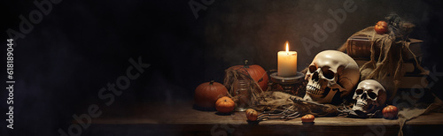 Wizard's Desk. A desk lit by candle light. A human skull, old books on sand surface. Halloween still-life background with a different elements on dark background. with copy space