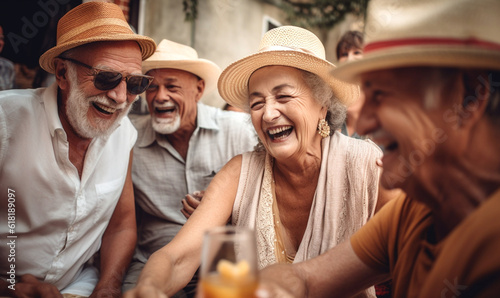 lachende Seniorengruppe hat Spaß gemeinsam, generative AI
