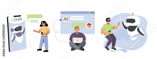 Online communication with chat bot on electronic devices. Chatbot technology, virtual reality and artificial intelligence. Flat characters using ai technology for help, support and answer questions.