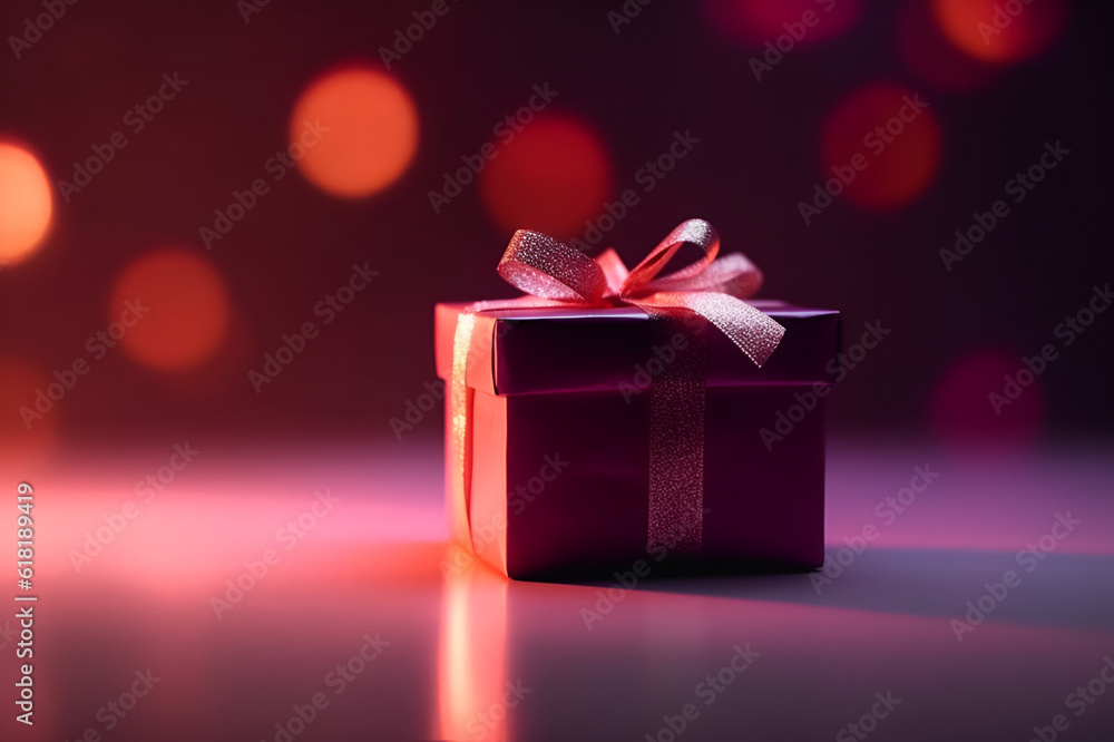 Bright Christmas present on a pink background and blurry lights. With Generative AI technology Bright Christmas present on a pink background and blurry lights. With Generative AI technology
