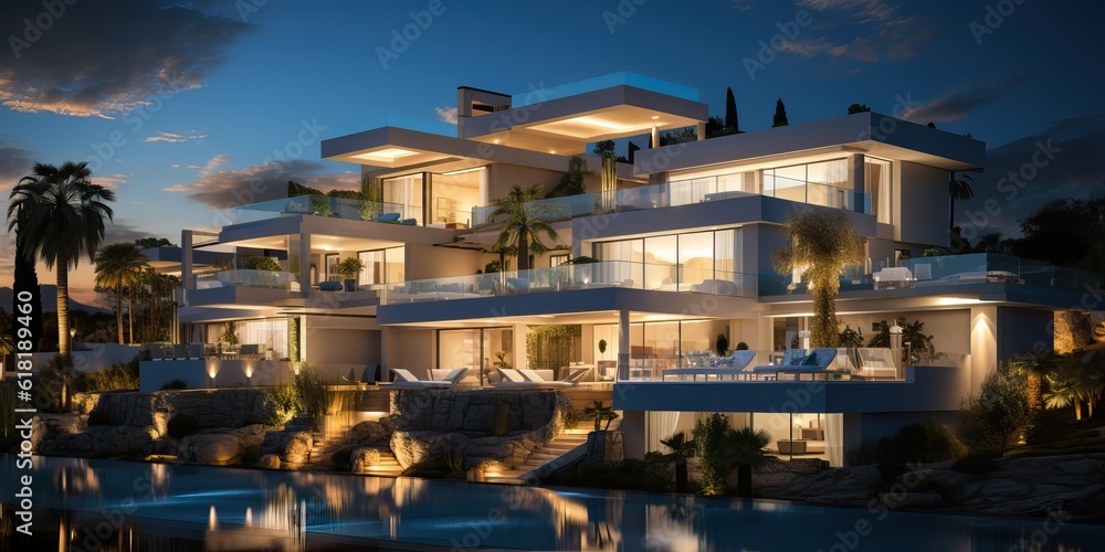 Fototapeta premium Amazing contemporary villa with pool, generative ai