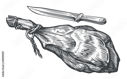 Jamon or parma ham and knife isolated. Jerky, dry meat vector illustration