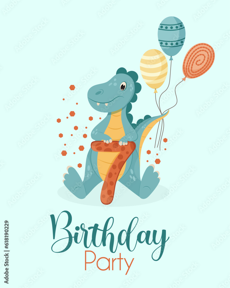Fototapeta premium Happy birthday card with a dinosaur