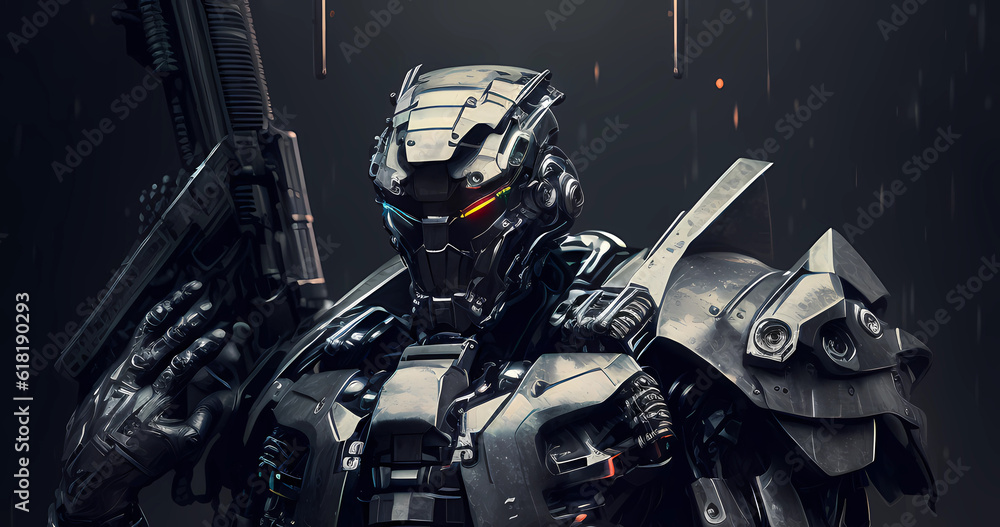 Futuristic dark cyborg background. Futuristic robot with weapon