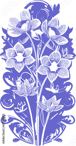 blue graphic contour drawing of a bouquet of flowers on a white background  design