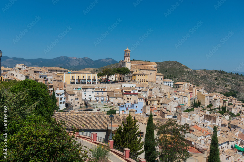 Panoramic of Cehegin, town of Murcia (Spain) - Church and old houses around