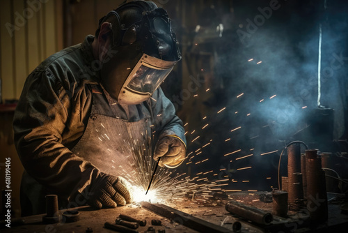 Welder welding metal in workshop with sparks. High quality photo