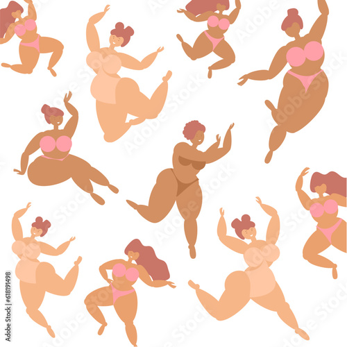 Cute Happy curvy girls wearing swimsuits, tropical green live background
