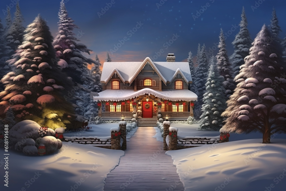 Beautiful country house cottage covered with snow, decorated for the Christmas holidays. AI generated.