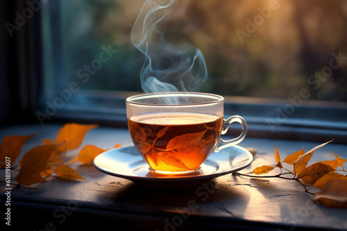 A cup of hot tea on the windowsill. AI generated.