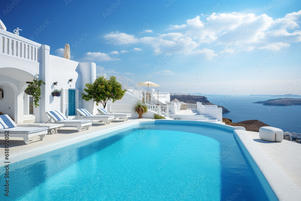 Traditional white villa with large pool in Santorini. AI generated.