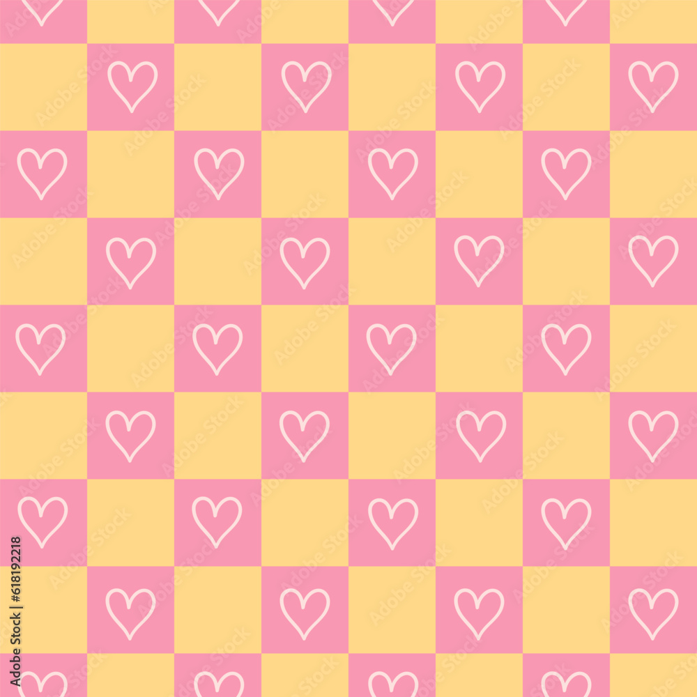 Cute seamless checkered pattern with hearts in pink and yellow. Vector graphics. Cute seamless checkered pattern with hearts in pink and yellow. Vector graphics.