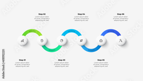 Horizontal timeline with 6 circles and a curved line. Infographic design template. Annual progress or development history visualization