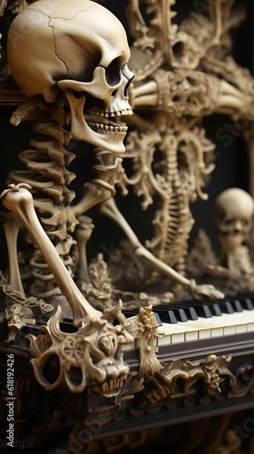 details of a piano made of skulls and bones. Horror halloween concept