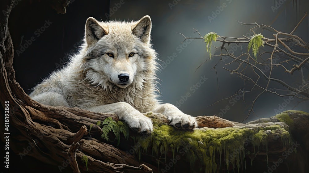 Fototapeta The wolf is relaxing in the middle of the forest