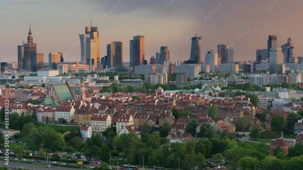 Warsaw city panorama over Old Town and the Vistula river during sunset. Warsaw city panorama over Old Town and the Vistula river during sunset.