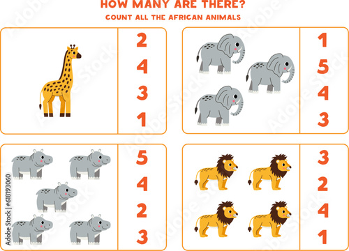 Counting game with cute African animals. Educational worksheet.