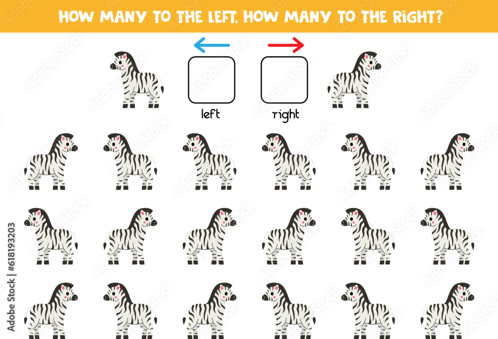 Left or right with cute cartoon zebra. Logical worksheet for preschoolers.