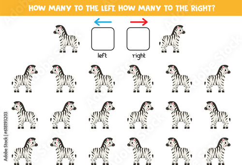 Left or right with cute cartoon zebra. Logical worksheet for preschoolers.