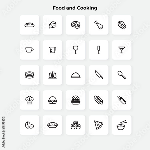 Food and cooking line icons set. Bread, cheese, fish, salmon, steak and other elements