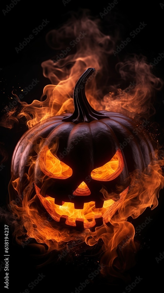 Halloween pumpkin illuminated with candle and evil smoke in dark background with copy space Halloween pumpkin illuminated with candle and evil smoke in dark background with copy space