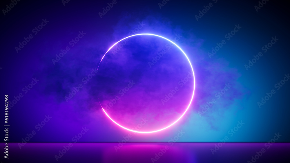 Glowing neon ring with some smoke cloud. 3d rendering. 
