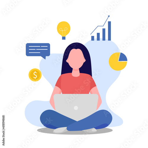 Woman with straight long hair sitting and working on the computer. Vector illustration in flat style. Isolated on white background.
