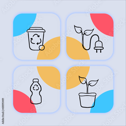 Renewable Energy Icon. Garbage recycling, plastic waste, potted plant, safe energy. Neomorphism style. Vector line icon