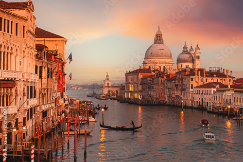 Sunset view of Grand Canal and Basilica Santa Maria della Salute in Venice, Italy.