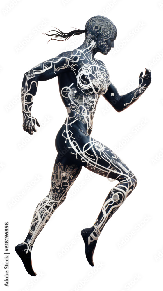 circuitry patterns coursing through the silhouette of a human figure abstract futuristic texture, isolated on a transparent background, generative ai