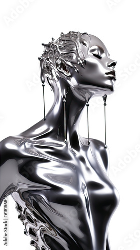 Fotografia cascading liquid metal engulfing a futuristic abstract fashion model silhouette,