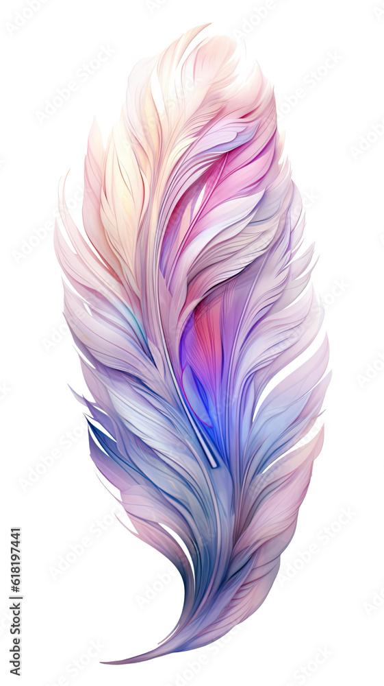 iridescent colorful feather, silhouette with abstract futuristic texture, isolated on a transparent background, generative ai