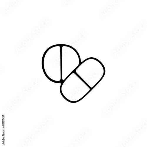 Medication Tablets Icon. Pharmaceutical products, medication, pills, capsules, prescription drugs. Vector black line icon